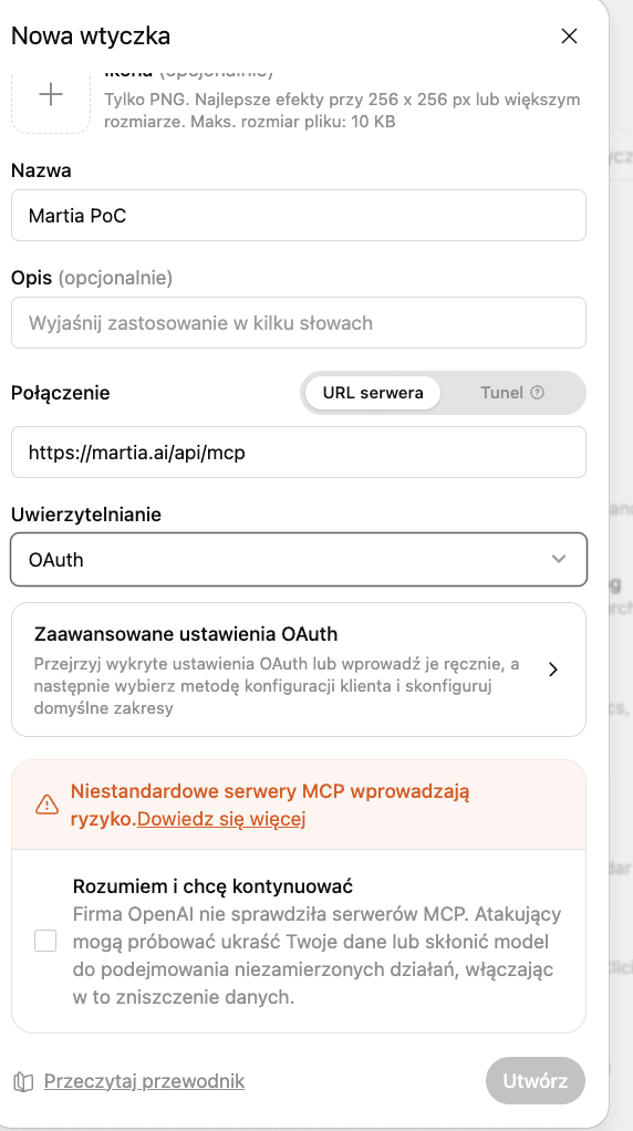 La fenêtre de nouveau plugin de ChatGPT avec l'adresse du serveur Martia et OAuth sélectionné
